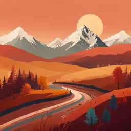 an orange and blue abstract painting of trees, mountains and road,landscape painting of mountains and road in autumn