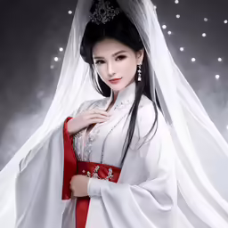 an asian woman dressed in traditional white is posing for a photo