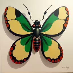 an artistic butterfly sitting on the wall,butterfly made to look like it is on a wall