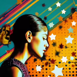 woman in dark shirt facing right while stars falling out of the sky