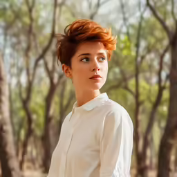 the young woman is posing for a photo in the forest