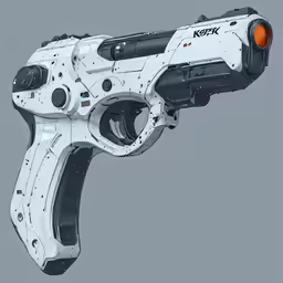 a very futuristic looking white gun with its barrel extended