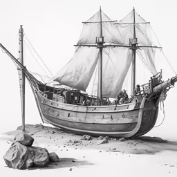an old boat sits on the shore with rocks
