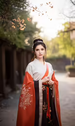 a woman in an asian costume standing outdoors