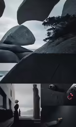 two images, one has a person laying on the ground and one shows a hand held out over it, while the other shows the same person reaching into a rock