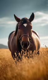 a horse in tall grass with a dark sky in the background