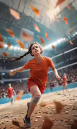 the girl is running with orange ribbons in front of her
