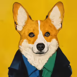 the painting shows an orange and white dog wearing a blue suit and tie