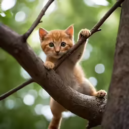 kitten climbing up a tree branch for a perch