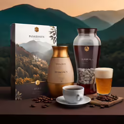a bottle, glass vase and cups are in front of some coffee beans