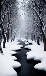 a river in the middle of snow covered woods