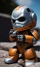 a robot is sitting on a rock with its hands