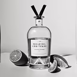 a bottle of alcohol and two pieces of lime