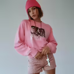 a model poses in pink sweat shorts and hat