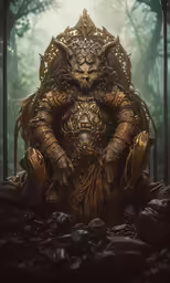 a creature with horns sits in a chair with other items around it