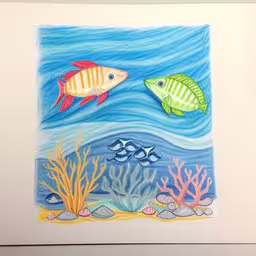 a painting on paper with colorful fish in water,a painting with two fishes on the water and an coral in the background