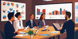 a group of people are sitting at a desk in front of three large monitors,people at a conference table in front of three large screens