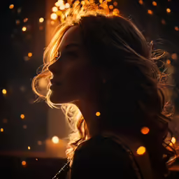 a woman with long hair and glowing lights on the background