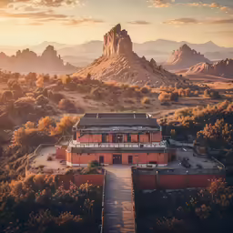 a building near a trail in an area of rocky mountains