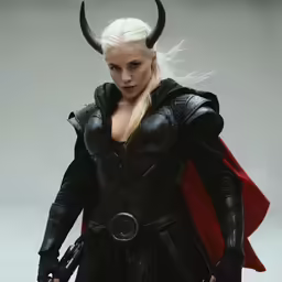 a woman dressed as female viking with horns and horns