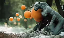 an artistic statue holding an orange over his head