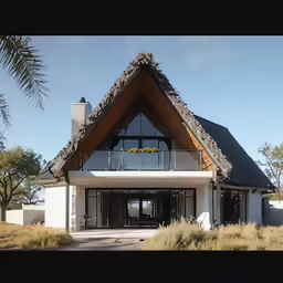 a modern house sitting on a green field
