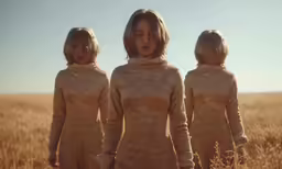 three young women in sweaters standing in a field