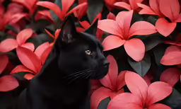 a black cat is sitting among red flowers
