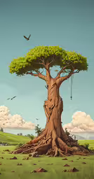 the tree is being swinging by two chains,a big tree with green leaves in a grassy field