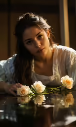 a girl with her face resting on her desk with roses