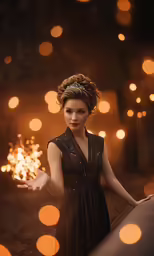 a young woman standing in front of a fire
