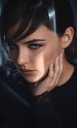 a woman wearing a black shirt, holding her hand in her ear
