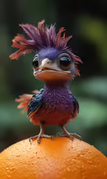 a small bird with multi - colored hair sitting on top of a orange