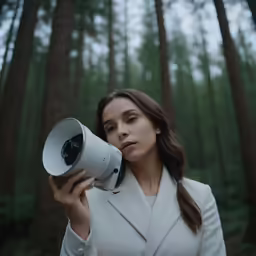 a woman holding a loudphone while standing in the forest