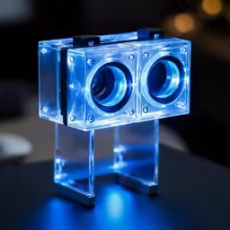 a clear and blue box on table with its light on