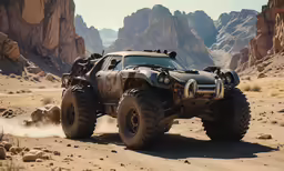 a truck driving through a desert with rocks in the background