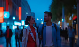 a man and woman walking on a city street