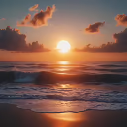 the sun sets over an ocean with waves and clouds