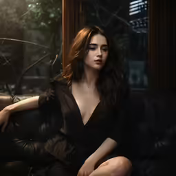 a woman is sitting on a couch with her feet up