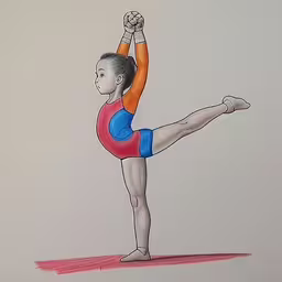 a child with a hand balance on a floor,a drawing of a young woman doing a yoga pose