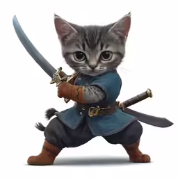 a small kitten holding a large sword