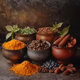 a variety of spices are shown in bowls on a table