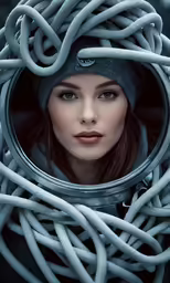 a woman looks out from the middle of some white wires