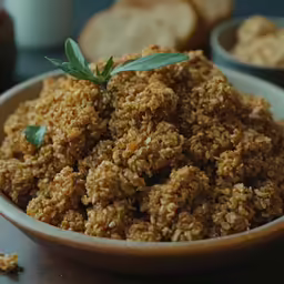 a brown bowl filled with oatmeal cereal on top of a table