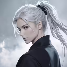 a woman with very long white hair is wearing a ponytail