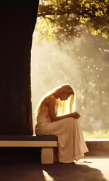 a woman is sitting on a bench near a tree