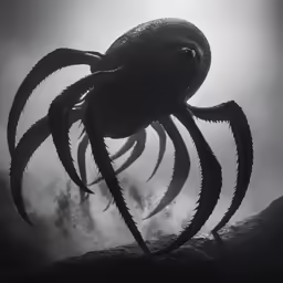an octopus looking up into the sky in black and white