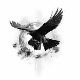 an eagle flying over a circular frame on a white wall