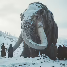 an animal standing in the snow with people near by