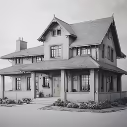 this is an old photo of a two story house with multiple windows